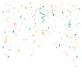 Many falling colorful confetti and ribbon on white background. Holiday vector illustration in flat cartoon style.